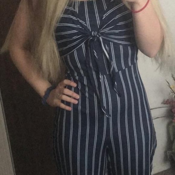 Navy Blue & White Striped Sleeveless Jumpsuit Tank - Picture 14 of 16